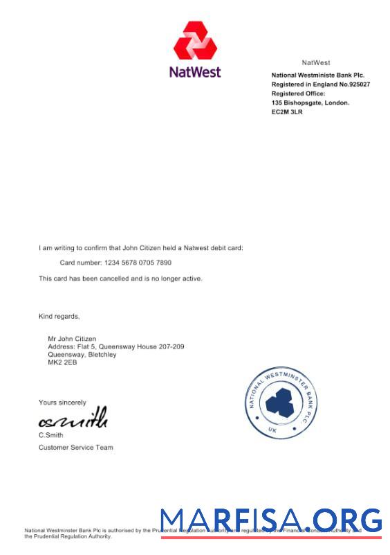 Downloadable UK NatWest bank Debit Card Cancellation Confirmation Letter sample